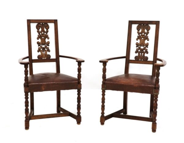 Pair Antique Arts & Crafts Oak Leather Armchairs, Liberty & Co, c 1900