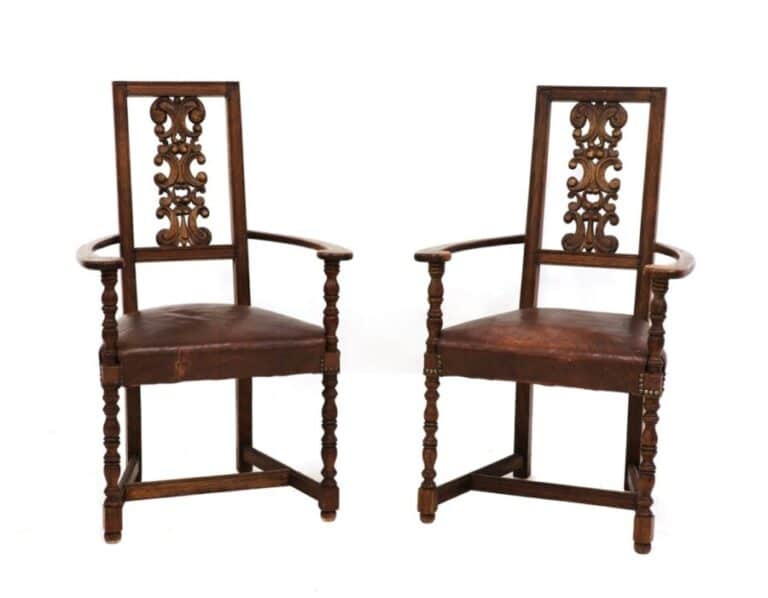 Pair Antique Arts & Crafts Oak Leather Armchairs, Liberty & Co, c 1900