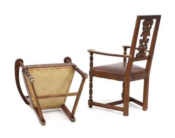Pair Antique Arts & Crafts Oak Leather Armchairs, Liberty & Co, c 1900 - Image 2