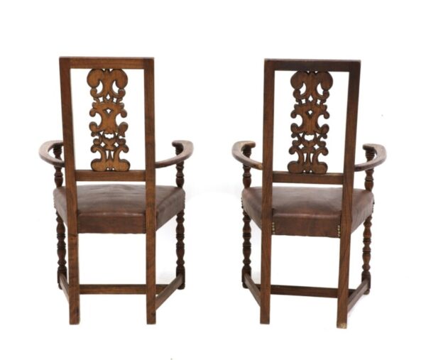 Pair Antique Arts & Crafts Oak Leather Armchairs, Liberty & Co, c 1900 - Image 3