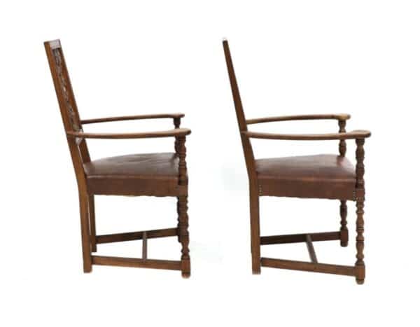 Pair Antique Arts & Crafts Oak Leather Armchairs, Liberty & Co, c 1900 - Image 4