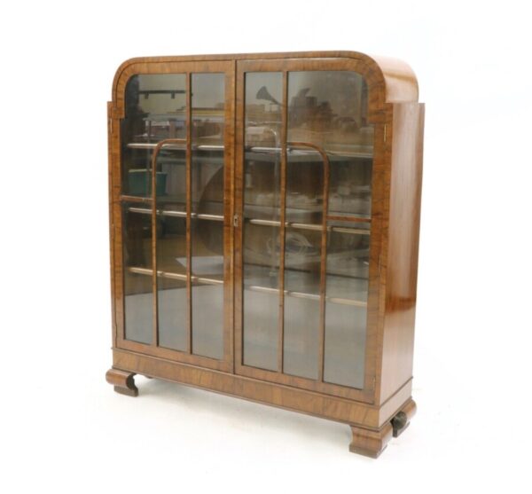 Antique Art Deco Walnut Astragal Glazed Bookcase Cabinet, c 1930 - Image 2