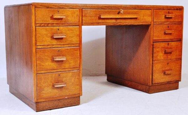 Antique Art Deco Oak Twin Pedestal Desk, circa 1930
