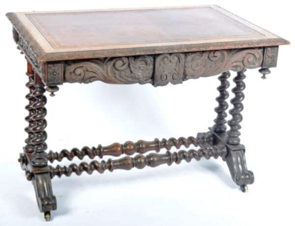 Antique Baroque Oak Carved Leather Desk Table, c 1830