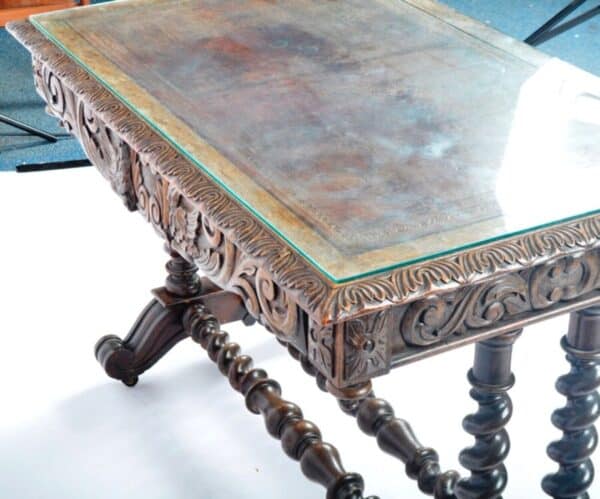 Antique Baroque Oak Carved Leather Desk Table, c 1830 barrister Miscellaneous 4