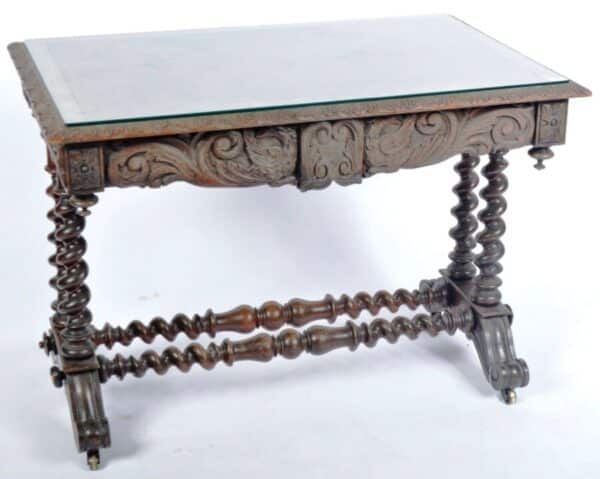 Antique Baroque Oak Carved Leather Desk Table, c 1830 - Image 4