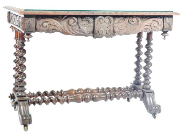 Antique Baroque Oak Carved Leather Desk Table, c 1830 - Image 5