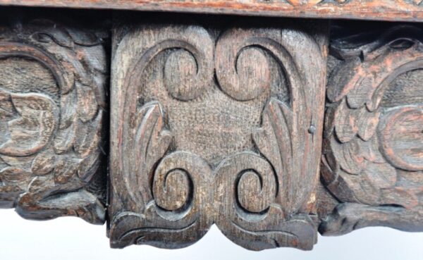 Antique Baroque Oak Carved Leather Desk Table, c 1830 - Image 6