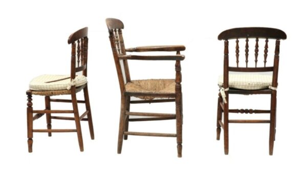 Set Seven 7 Antique French Oak & Walnut Rush Seated Dining Chairs, c 1860 - Image 2