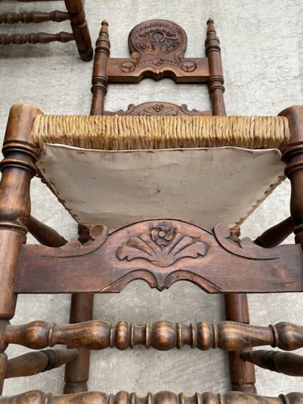 Vintage Set of Six 6 Fruitwood & Rush Seated Heraldic Dining Chairs chair Miscellaneous 13