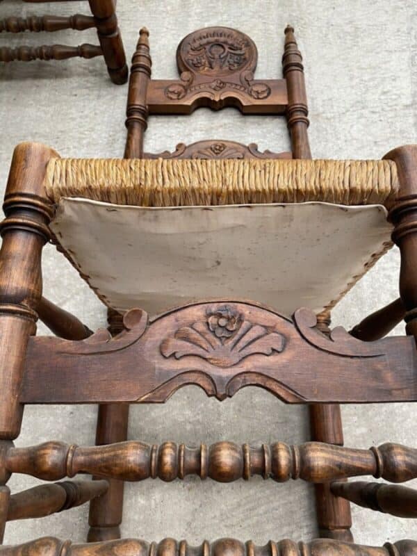 Vintage Set of Six 6 Fruitwood & Rush Seated Heraldic Dining Chairs - Image 11