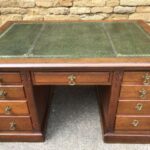 Arts & Crafts Antique Oak Pedestal Partners Desk, Gilt Leather Top, circa 1870 Antique Miscellaneous