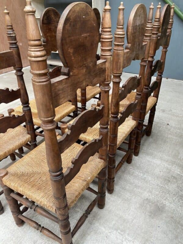 Vintage Set of Six 6 Fruitwood & Rush Seated Heraldic Dining Chairs - Image 8