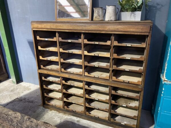 Antique English Pine & Oak Shop Haberdashery Bank of 32 Drawers, c1920