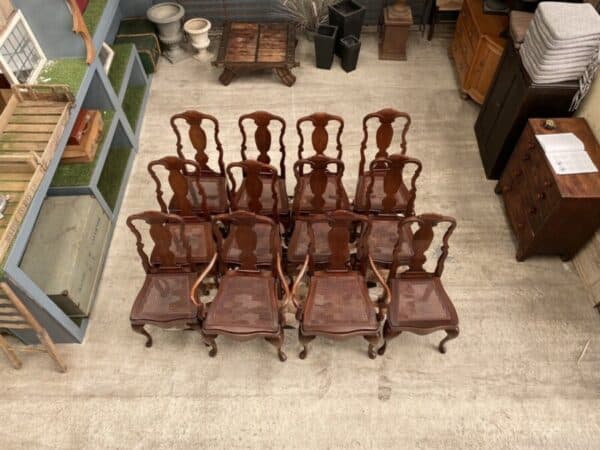 Vintage Set 12 Twelve Queen Anne Mahogany Dining Cane Seated Chairs - Image 2