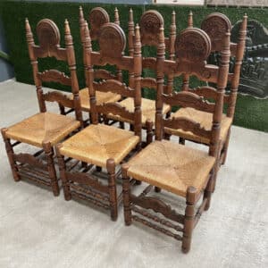 Vintage Set of Six 6 Fruitwood & Rush Seated Heraldic Dining Chairs chair Miscellaneous