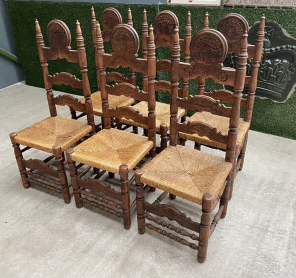 Vintage Set of Six 6 Fruitwood & Rush Seated Heraldic Dining Chairs