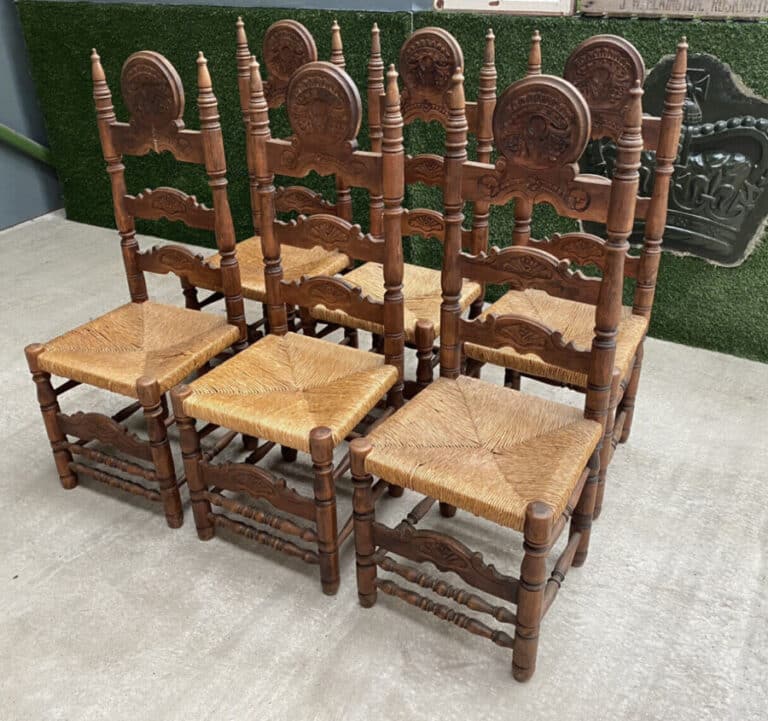 Vintage Set of Six 6 Fruitwood & Rush Seated Heraldic Dining Chairs