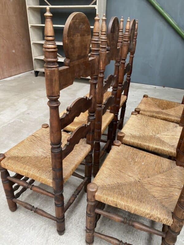 Vintage Set of Six 6 Fruitwood & Rush Seated Heraldic Dining Chairs - Image 7