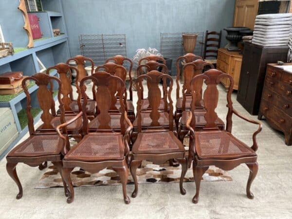 Vintage Set 12 Twelve Queen Anne Mahogany Dining Cane Seated Chairs - Image 11
