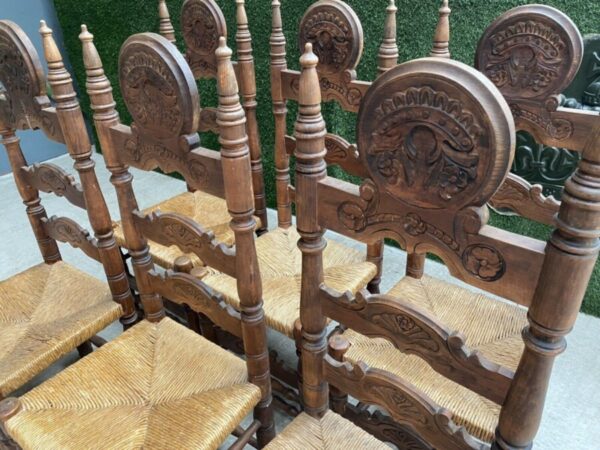 Vintage Set of Six 6 Fruitwood & Rush Seated Heraldic Dining Chairs chair Miscellaneous 6