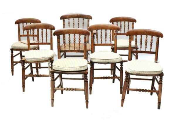 Set Seven 7 Antique French Oak & Walnut Rush Seated Dining Chairs, c 1860