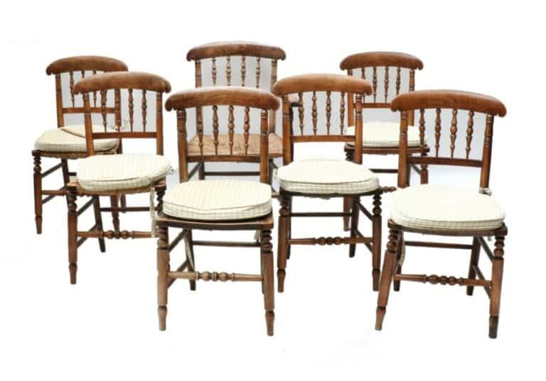 Set Seven 7 Antique French Oak & Walnut Rush Seated Dining Chairs, c 1860