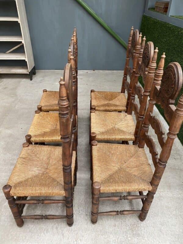 Vintage Set of Six 6 Fruitwood & Rush Seated Heraldic Dining Chairs - Image 6