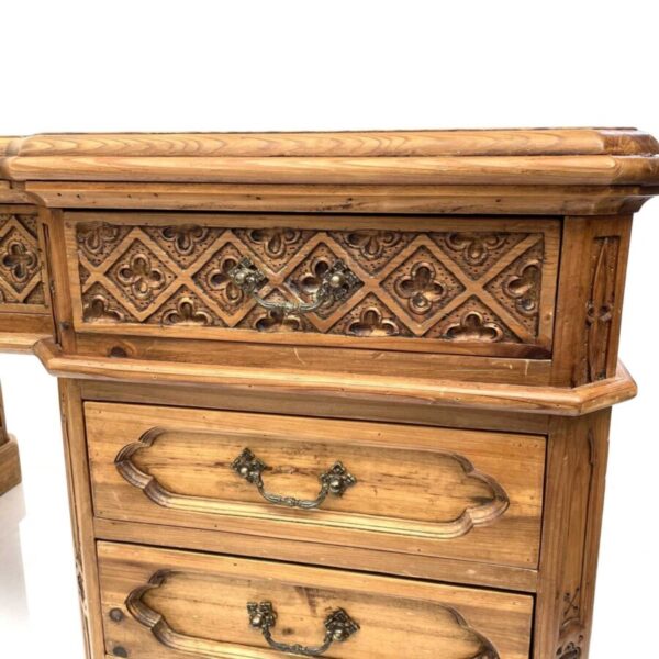 Vintage Gothic Arts & Crafts Style Pine Pedestal Desk - Image 5