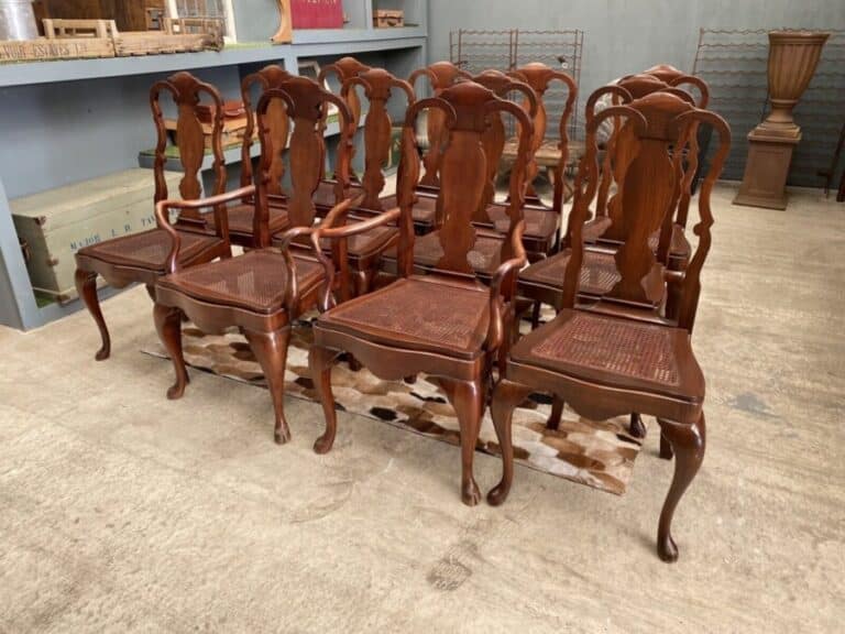 Vintage Set 12 Twelve Queen Anne Mahogany Dining Cane Seated Chairs