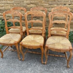 Vintage Set of Six French Rush Seated Dining Chairs, c 1920 Antique Miscellaneous