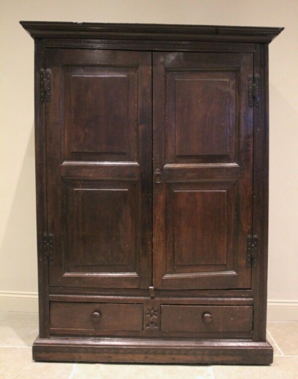 Antique Queen Anne Period Oak Housekeeper's Cupboard Press Wardrobe, c 1700