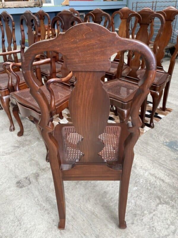 Vintage Set 12 Twelve Queen Anne Mahogany Dining Cane Seated Chairs - Image 10