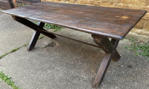 Antique Pine X Frame Tavern Pub Refectory Table, c 1800 Dining Miscellaneous