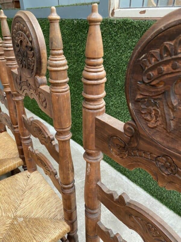 Vintage Set of Six 6 Fruitwood & Rush Seated Heraldic Dining Chairs - Image 10