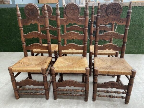 Vintage Set of Six 6 Fruitwood & Rush Seated Heraldic Dining Chairs - Image 3