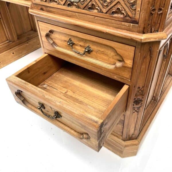 Vintage Gothic Arts & Crafts Style Pine Pedestal Desk - Image 3