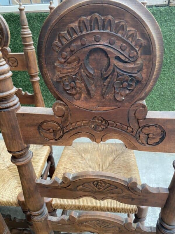 Vintage Set of Six 6 Fruitwood & Rush Seated Heraldic Dining Chairs - Image 2