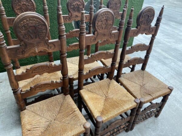 Vintage Set of Six 6 Fruitwood & Rush Seated Heraldic Dining Chairs chair Miscellaneous 14