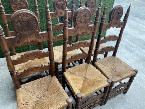 Vintage Set of Six 6 Fruitwood & Rush Seated Heraldic Dining Chairs - Image 12