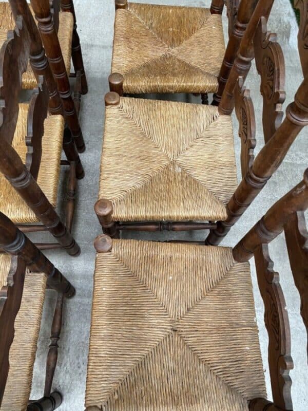 Vintage Set of Six 6 Fruitwood & Rush Seated Heraldic Dining Chairs - Image 9