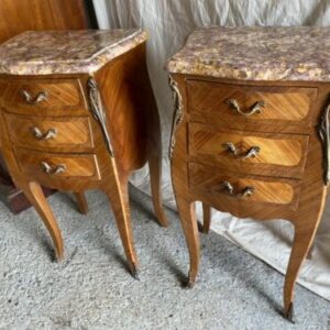 Antique Pair French Kingwood Marquetry Bombe Marble Bedside Nightstands, c 1900 bed tables Miscellaneous