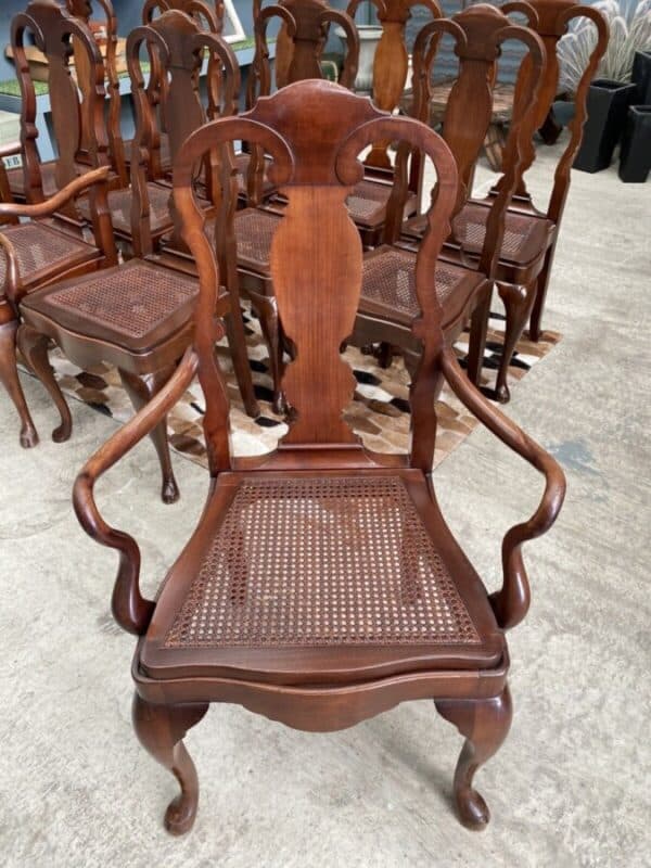 Vintage Set 12 Twelve Queen Anne Mahogany Dining Cane Seated Chairs - Image 4