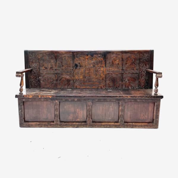 Queen Anne Period Oak Carved Coat of Arms Settle Marriage Dowry Bench, c 1700
