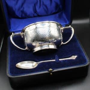 Chester Silver Arts And Crafts Boxed Bowl & Spoon Antique Silver