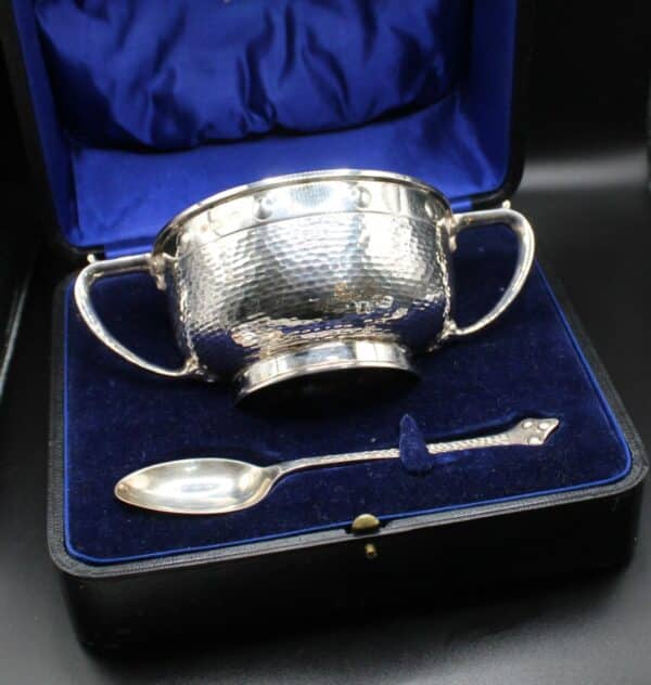 Chester Silver Arts And Crafts Boxed Bowl & Spoon Antique Silver 3