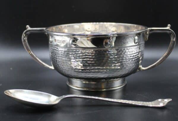 Chester Silver Arts And Crafts Boxed Bowl & Spoon Antique Silver 11