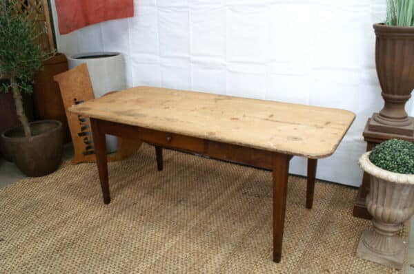 Antique French Pine & Oak Farmhouse Work Refectory Dining Table, c 1810