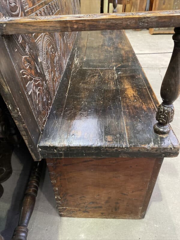 Queen Anne Period Oak Carved Coat of Arms Settle Marriage Dowry Bench, c 1700 - Image 8