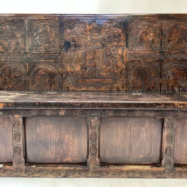 Queen Anne Period Oak Carved Coat of Arms Settle Marriage Dowry Bench, c 1700 - Image 2
